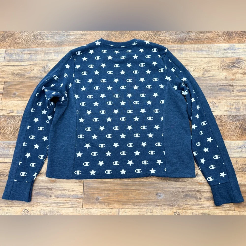 Champion Women's Blue All Over Stars and Logo Long Sleeve Pullover Tee, Size L - Picture 9 of 9